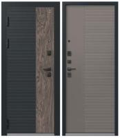 Дверь мет С-112, ПВХ Кварц черный+орех мокко, ПВХ Кашемир базальт,черная фурнитура (2050*960, R, правая, нерж. порог, черный муар)