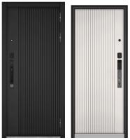 BULDOORS CITY SMART, МДФ черный матовый 10SM-161, МДФ белый софт 10SM-161 (2050*960, правая, нерж. порог, черный муар металлик, черный)