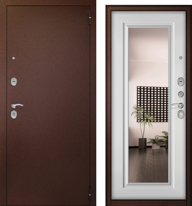 Дверь мет. Беркана (медный антик/МДФ белый матовый, зерк.вставка) (2050*960, правая)