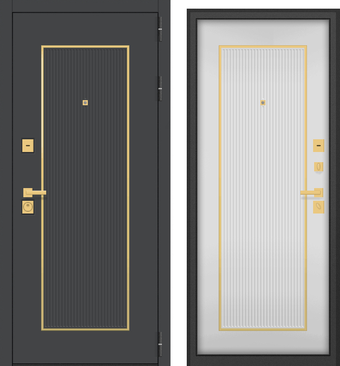 Дверь металл GT-59 (МДФ графит/МДФ белый матовый + молдинг мат.золото) (2050*960, правая, черный муар, фурн. золото матовый)