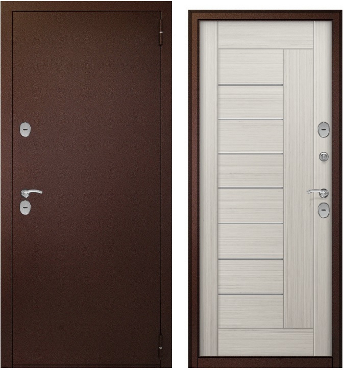 Тульские двери ТЕРМОБОКС Бьянко(медь,ЦАРГА 22мм+молдинг, ПВХ Бьянко, 2 петли, ф-ра хром) (2050*960, левая, термо)