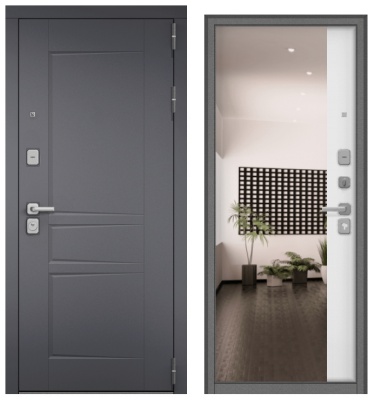 Дверь металл Челси (МДФ силк титан/МДФ белый матовый + зерк.вставка)