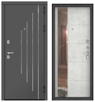 Дверь металл Астерия (МДФ графит софт молдинг/МДФ бетон снежный ЗЕРКАЛО)